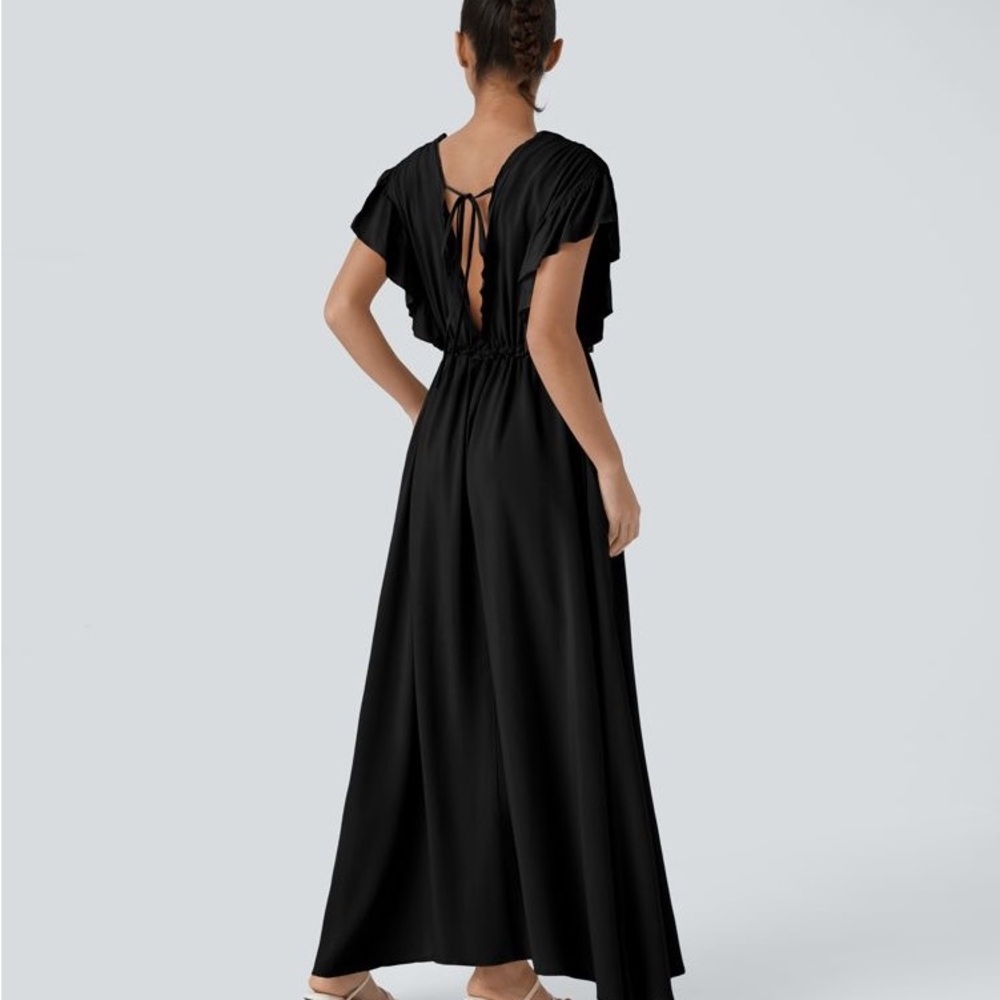 HALARA Deep V Neck Butterfly Sleeve Drawstring Pocket Flowy Maxi Casual Dress - Picture 2 of 7